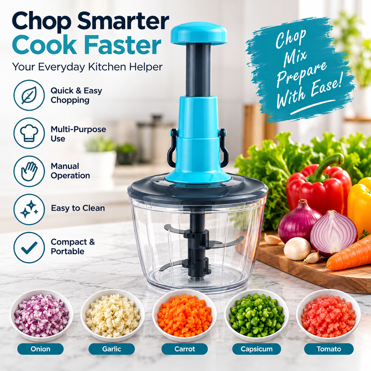Manual Vegetable Chopper – 4-in-1 Hand Food Chopper for Onion, Garlic & Vegetables