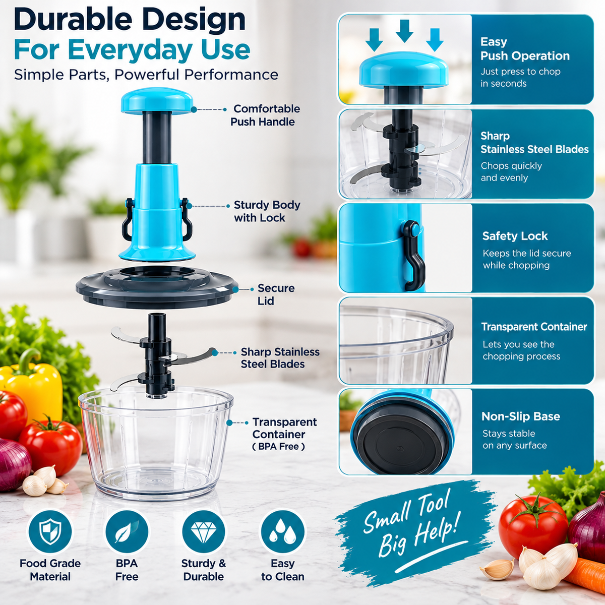 Manual Vegetable Chopper – 4-in-1 Hand Food Chopper for Onion, Garlic & Vegetables