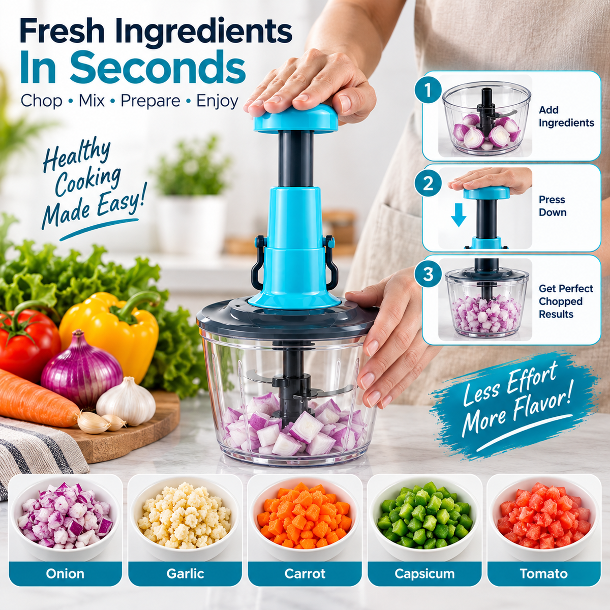 Manual Vegetable Chopper – 4-in-1 Hand Food Chopper for Onion, Garlic & Vegetables