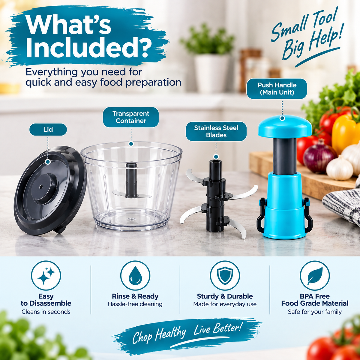 Manual Vegetable Chopper – 4-in-1 Hand Food Chopper for Onion, Garlic & Vegetables