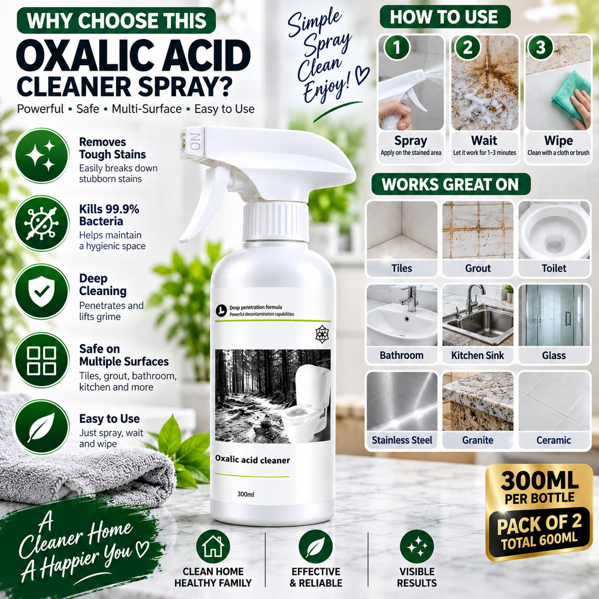 Multi-Purpose Oxalic Acid Stain Removal Spray 300ML – Pack of 2 | Xorvessa