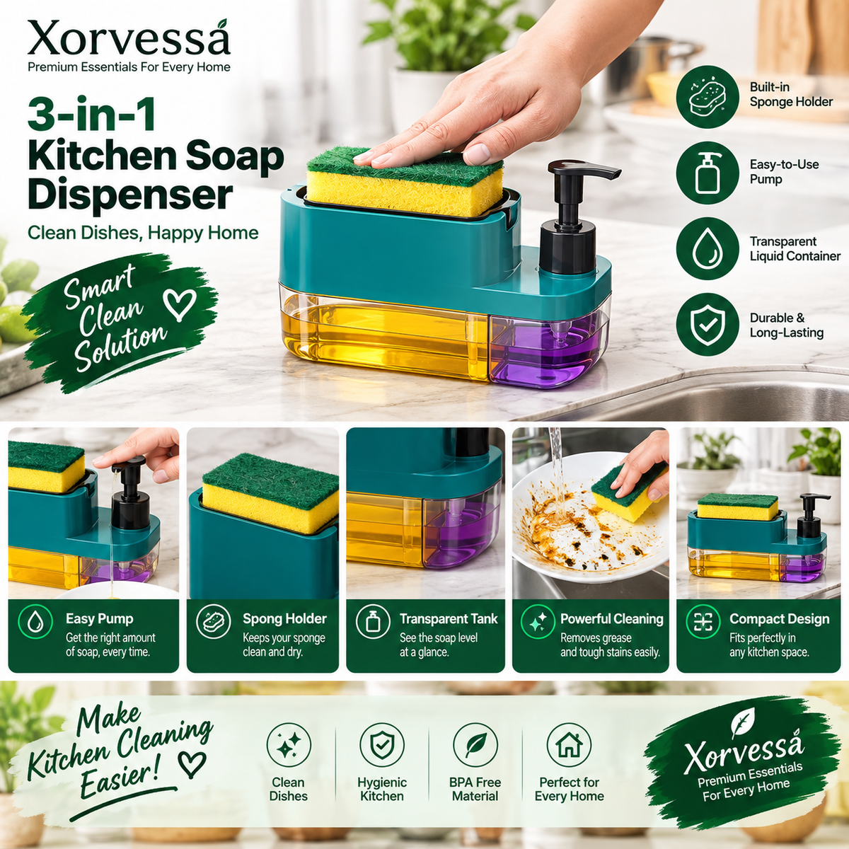 3-in-1 Kitchen Soap Dispenser with Sponge Holder – Dishwashing Liquid Pump | Xorvessa