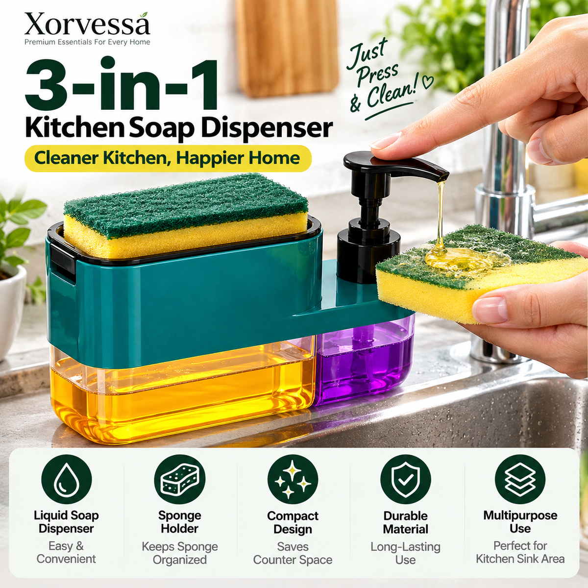 3-in-1 Kitchen Soap Dispenser with Sponge Holder – Dishwashing Liquid Pump | Xorvessa