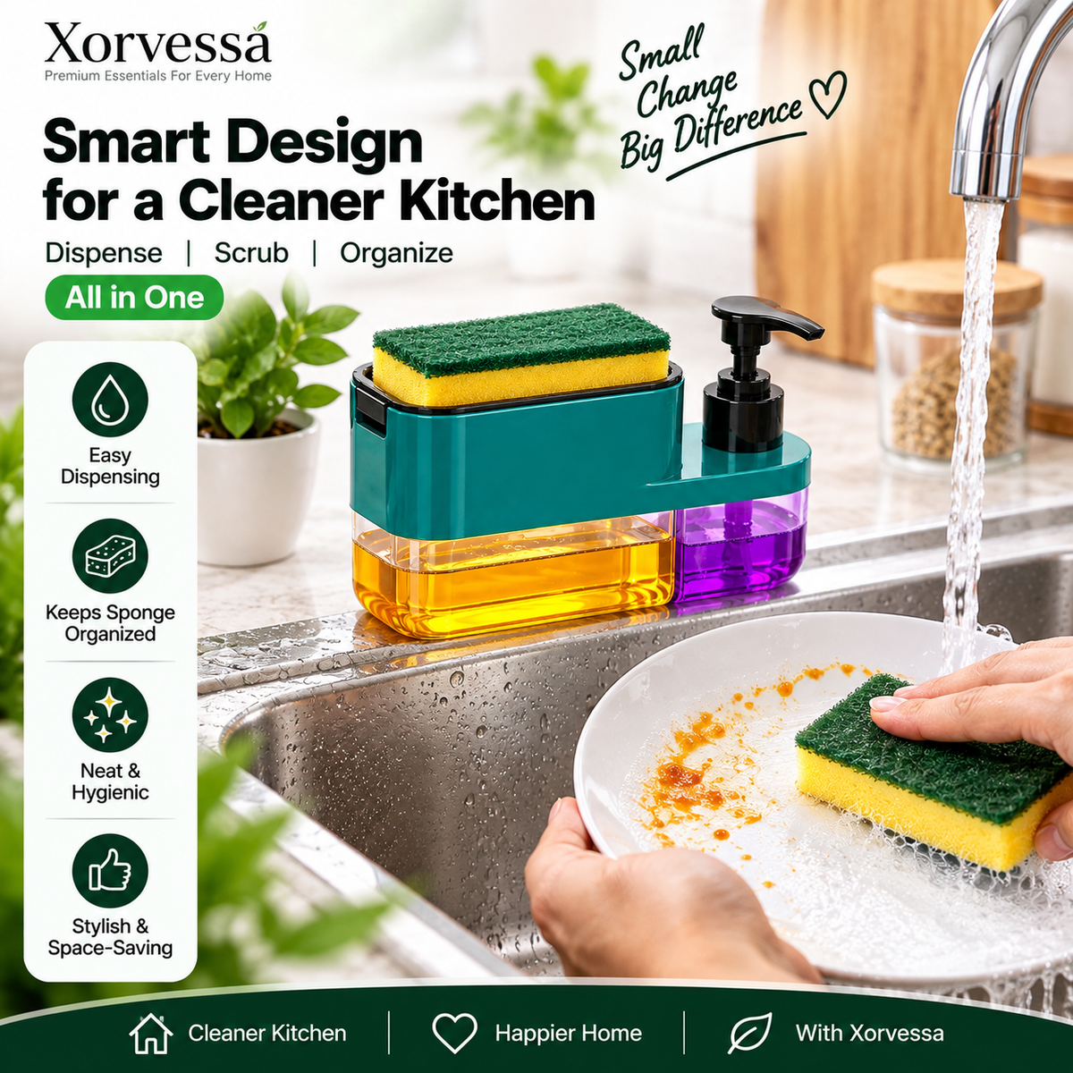 3-in-1 Kitchen Soap Dispenser with Sponge Holder – Dishwashing Liquid Pump | Xorvessa
