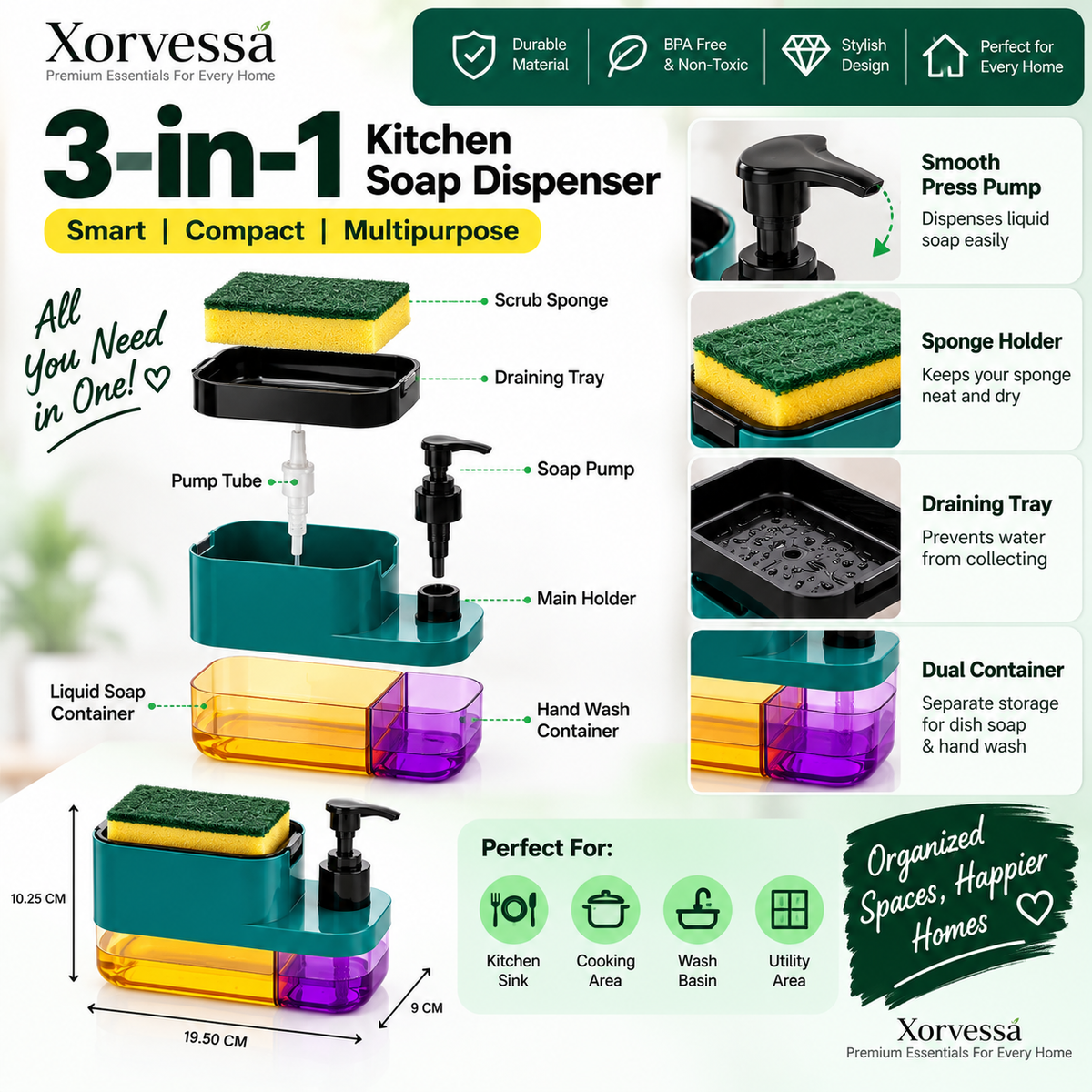 3-in-1 Kitchen Soap Dispenser with Sponge Holder – Dishwashing Liquid Pump | Xorvessa