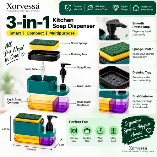 3-in-1 Kitchen Soap Dispenser with Sponge Holder – Dishwashing Liquid Pump | Xorvessa