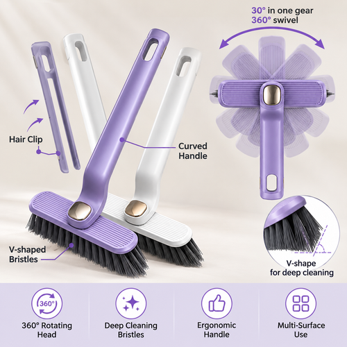 360° Rotating Crevice Cleaning Brush – Long Handle for Tile, Bathroom & Hard-to-Reach Areas